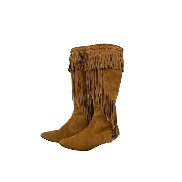 Sam Edelman Utah Tan Suede Fringe Leather Bohemian Western Tall Boots Size 7 - Picture 1 of 10